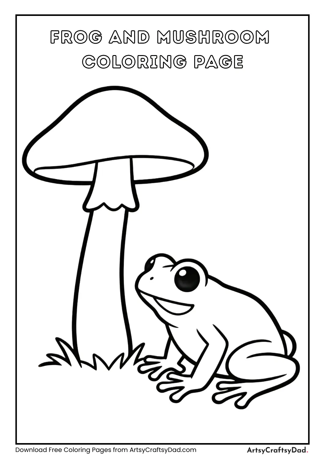 Frog near mushroom black and white coloring page