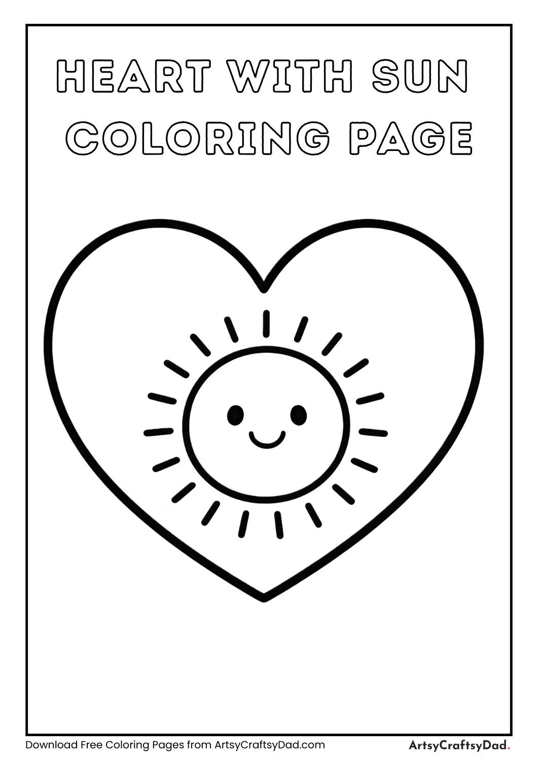 Heart with smiling sun black and white coloring page