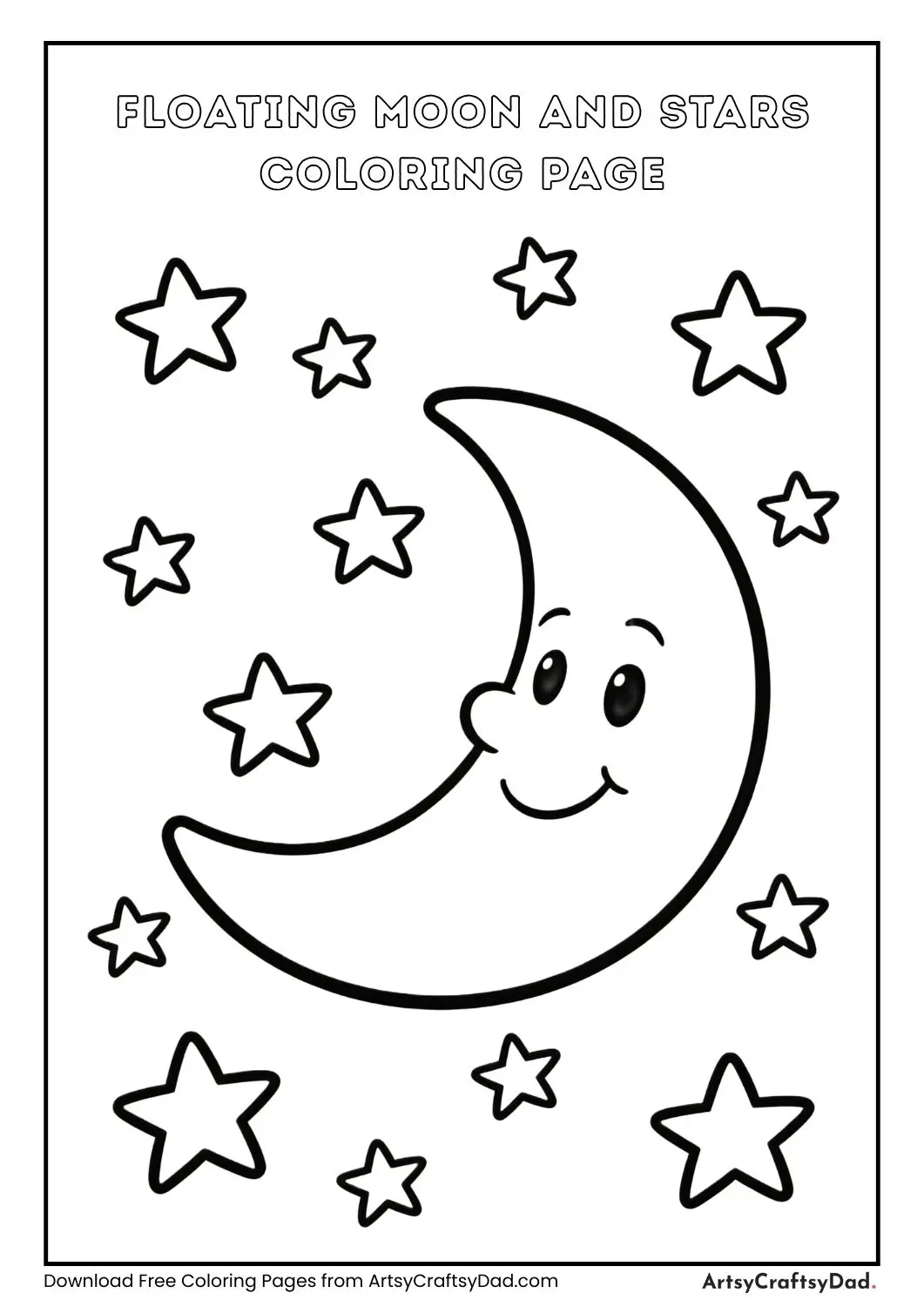 Happy moon floating among stars coloring page