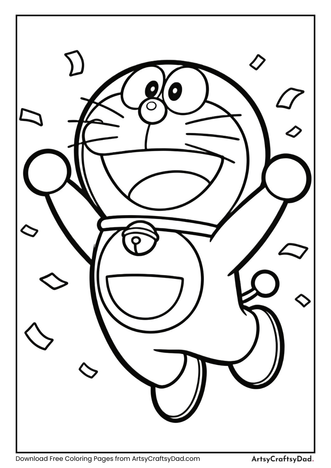 Doraemon jumping with joy and confetti