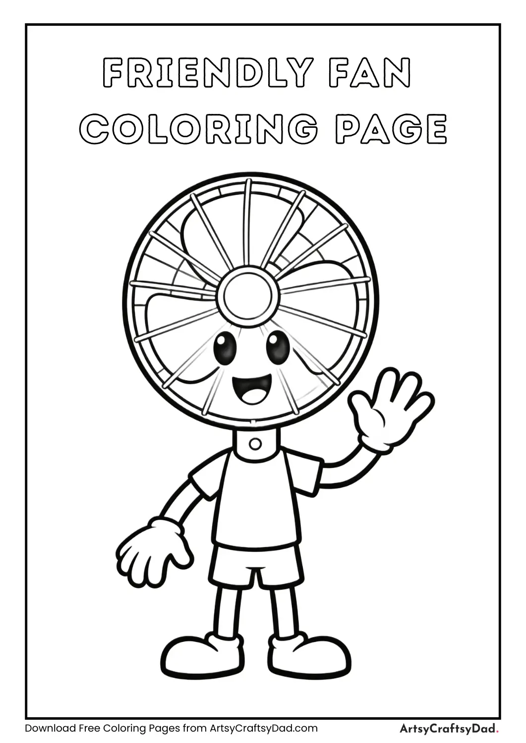 Cartoon fan waving hello black and white coloring page for kids