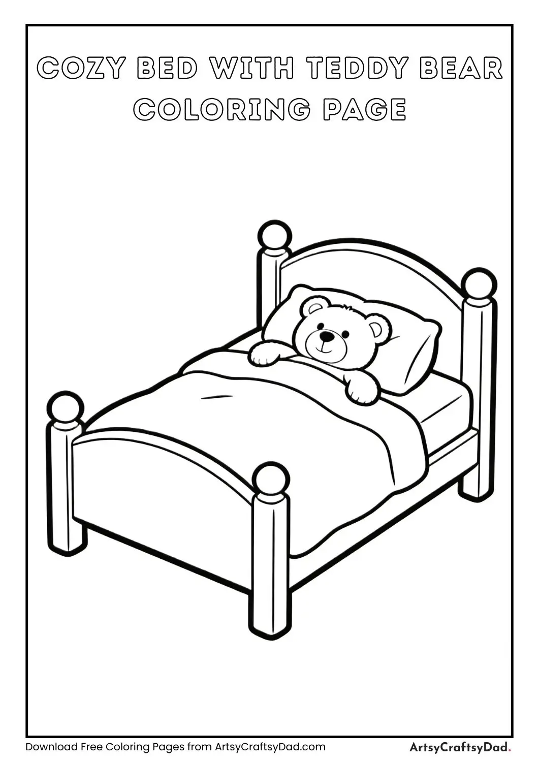 Bed with teddy bear black and white coloring page for kids