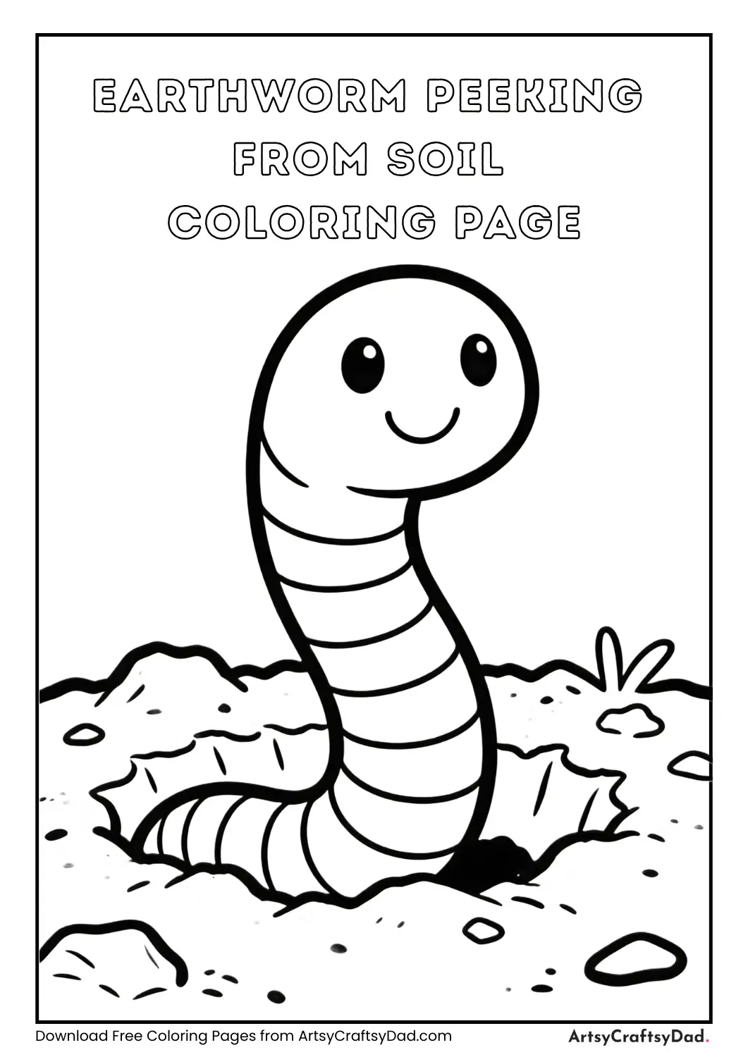 Cute earthworm coming out of soil black and white coloring page