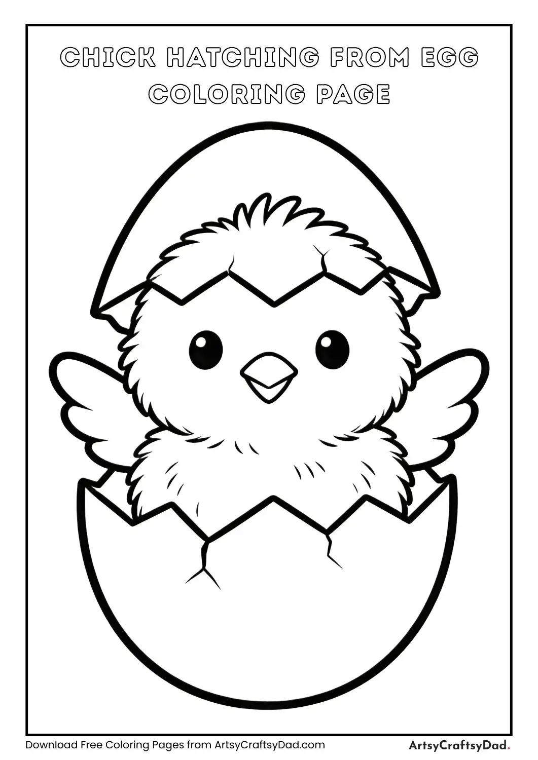 Baby chick hatching from an egg, simple black and white coloring page