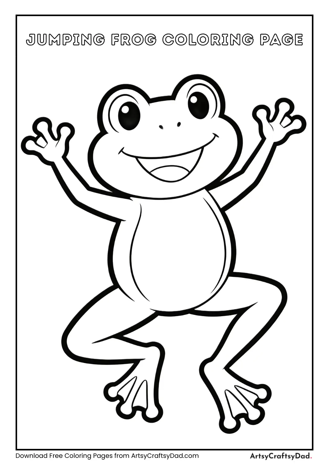 Happy frog jumping black and white coloring page for kids