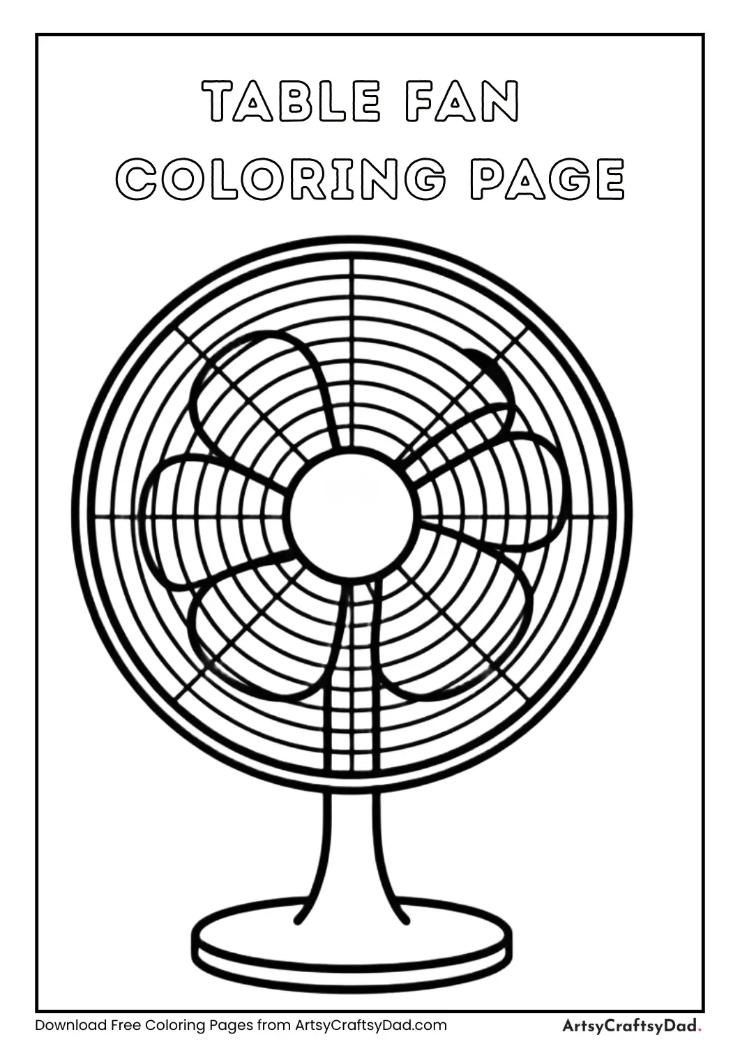 Black and white table fan coloring page with clear outlines for kids