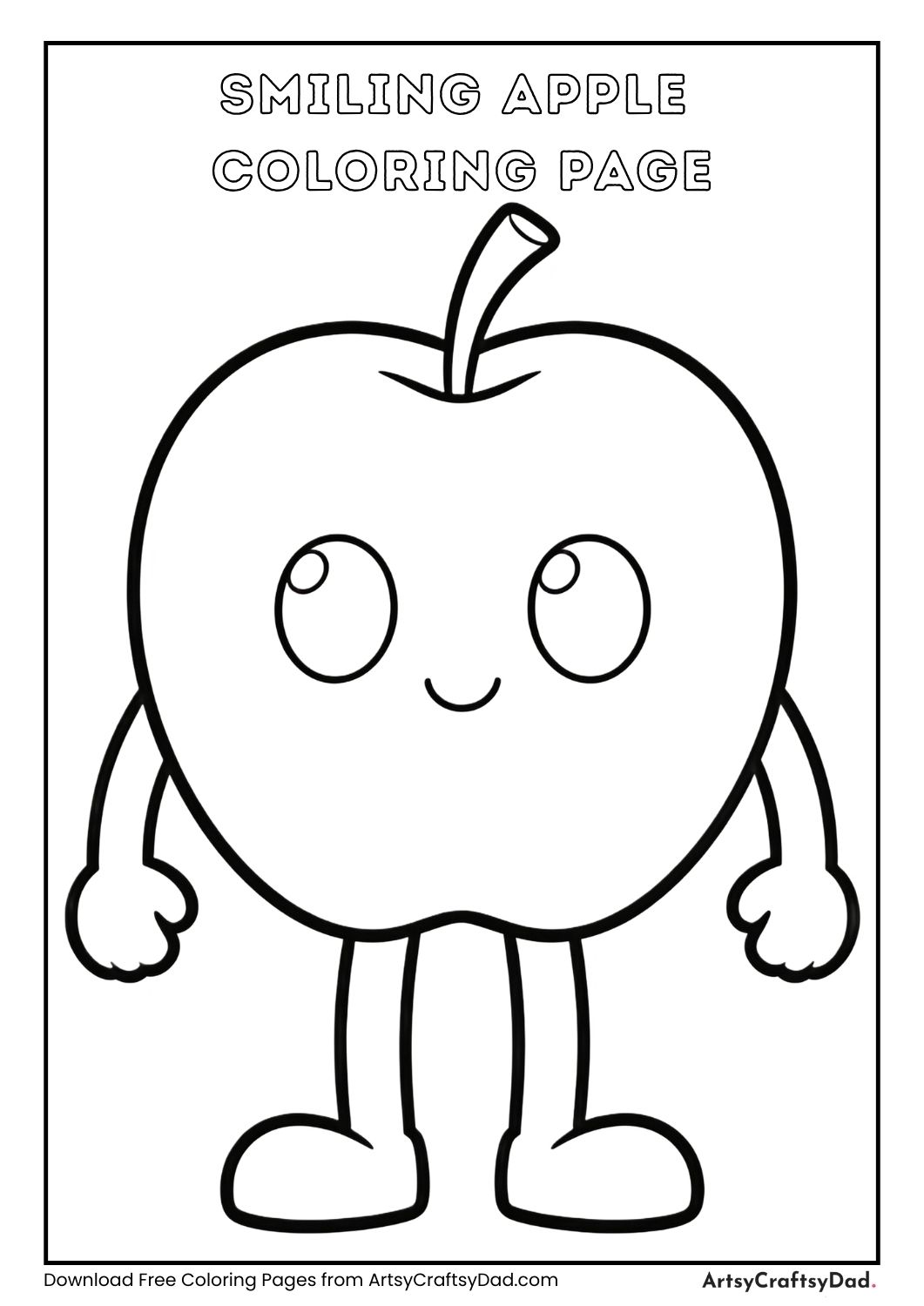 smiling cartoon apple black and white coloring page