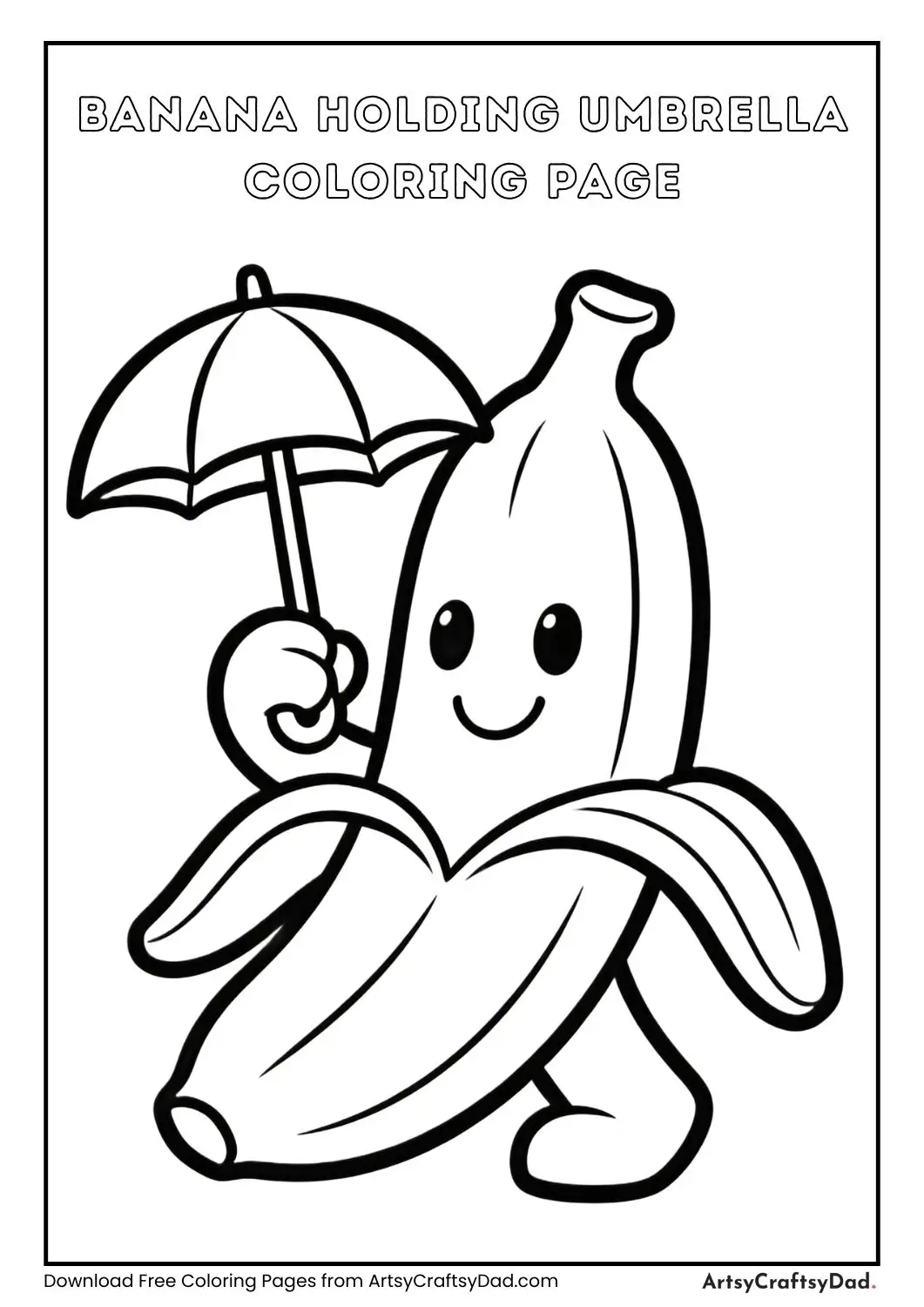 Smiling banana holding umbrella coloring page