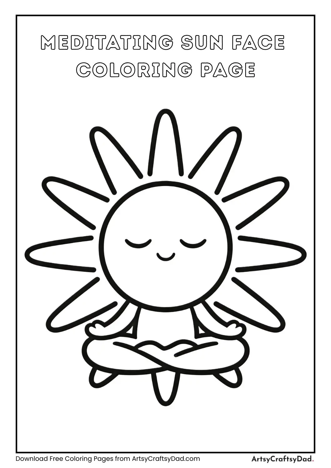 Meditating sun with closed eyes black and white coloring page