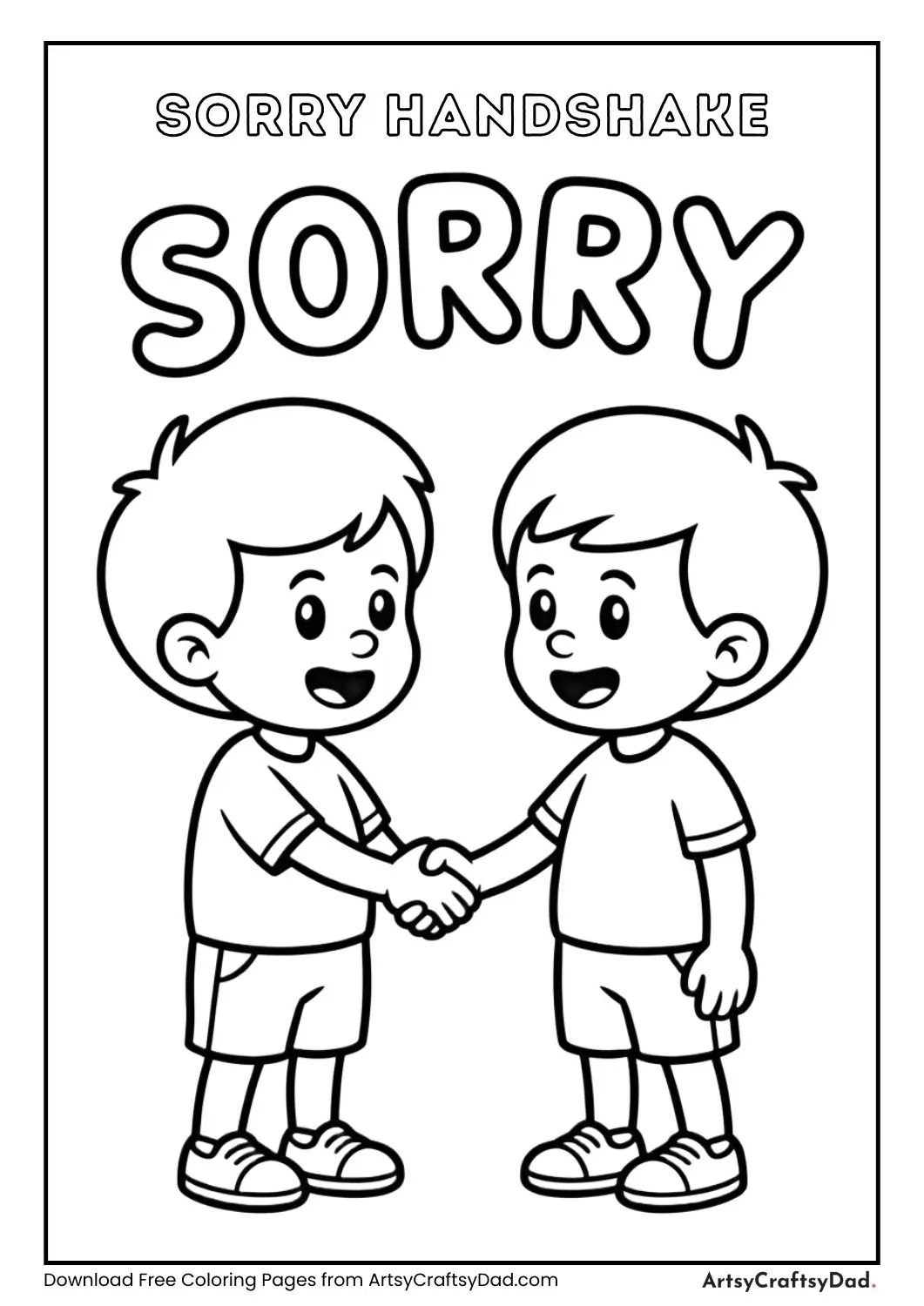 Two children shaking hands with “Sorry” above.