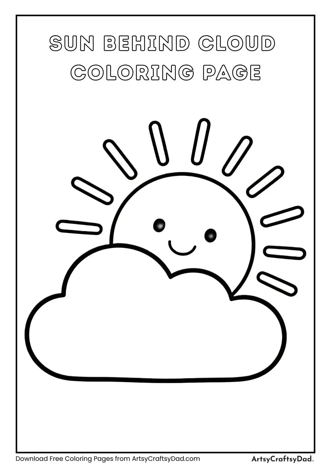Sun peeking behind cloud black and white coloring page