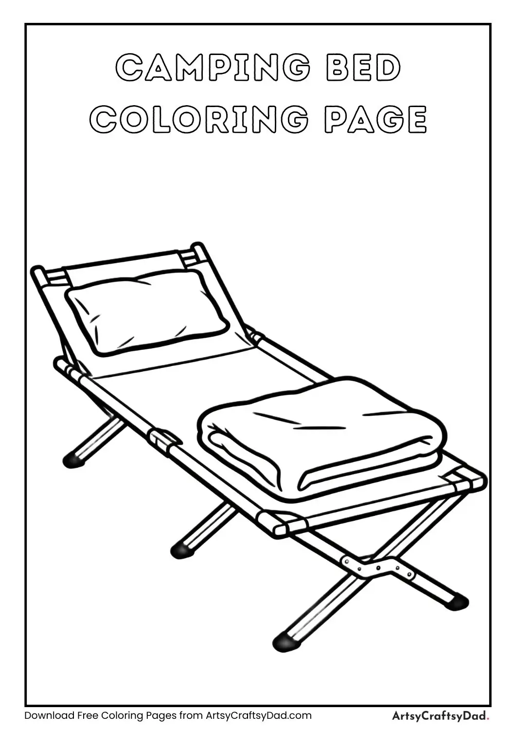 Camping bed black and white coloring page