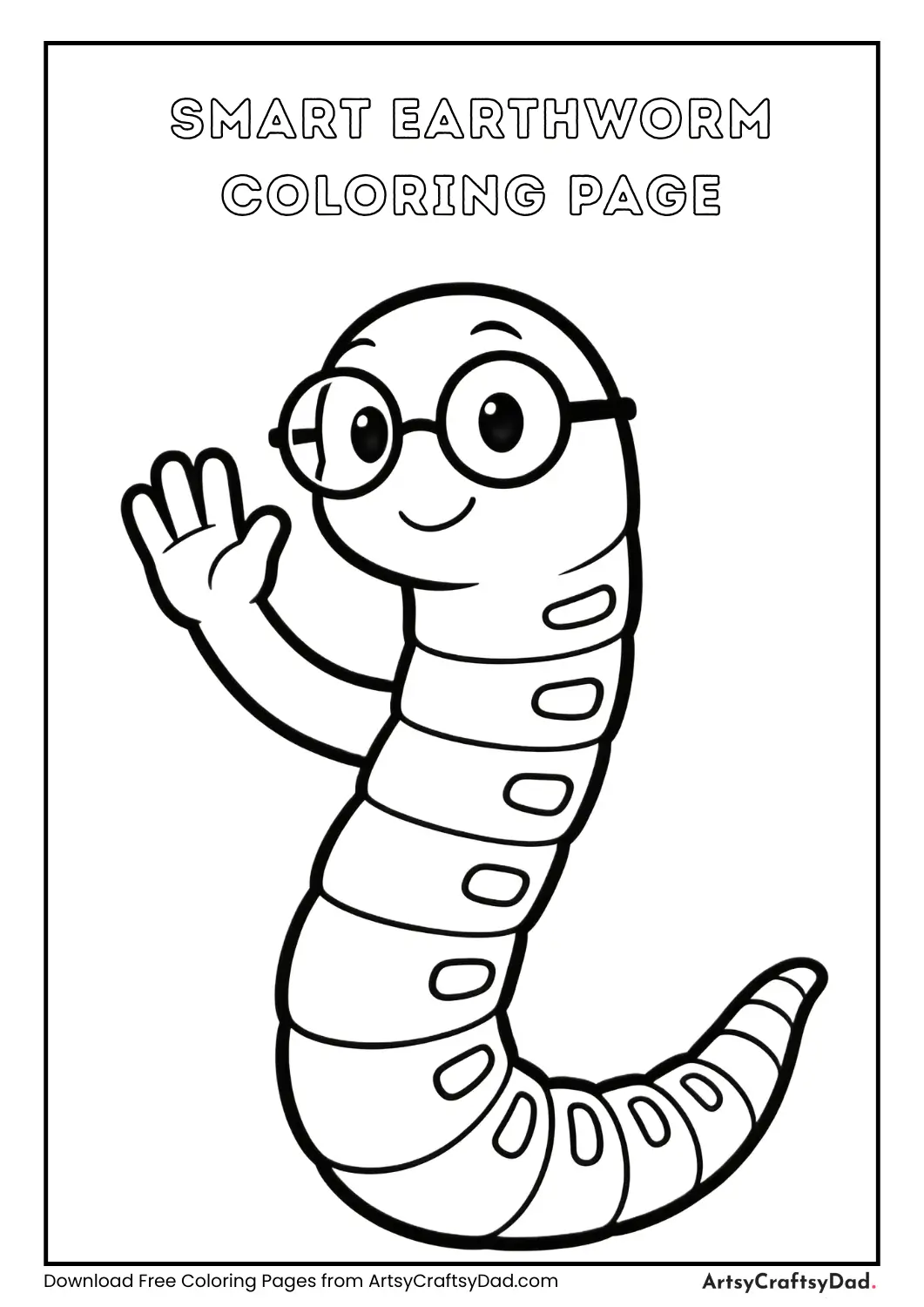 Earthworm wearing glasses black and white coloring page