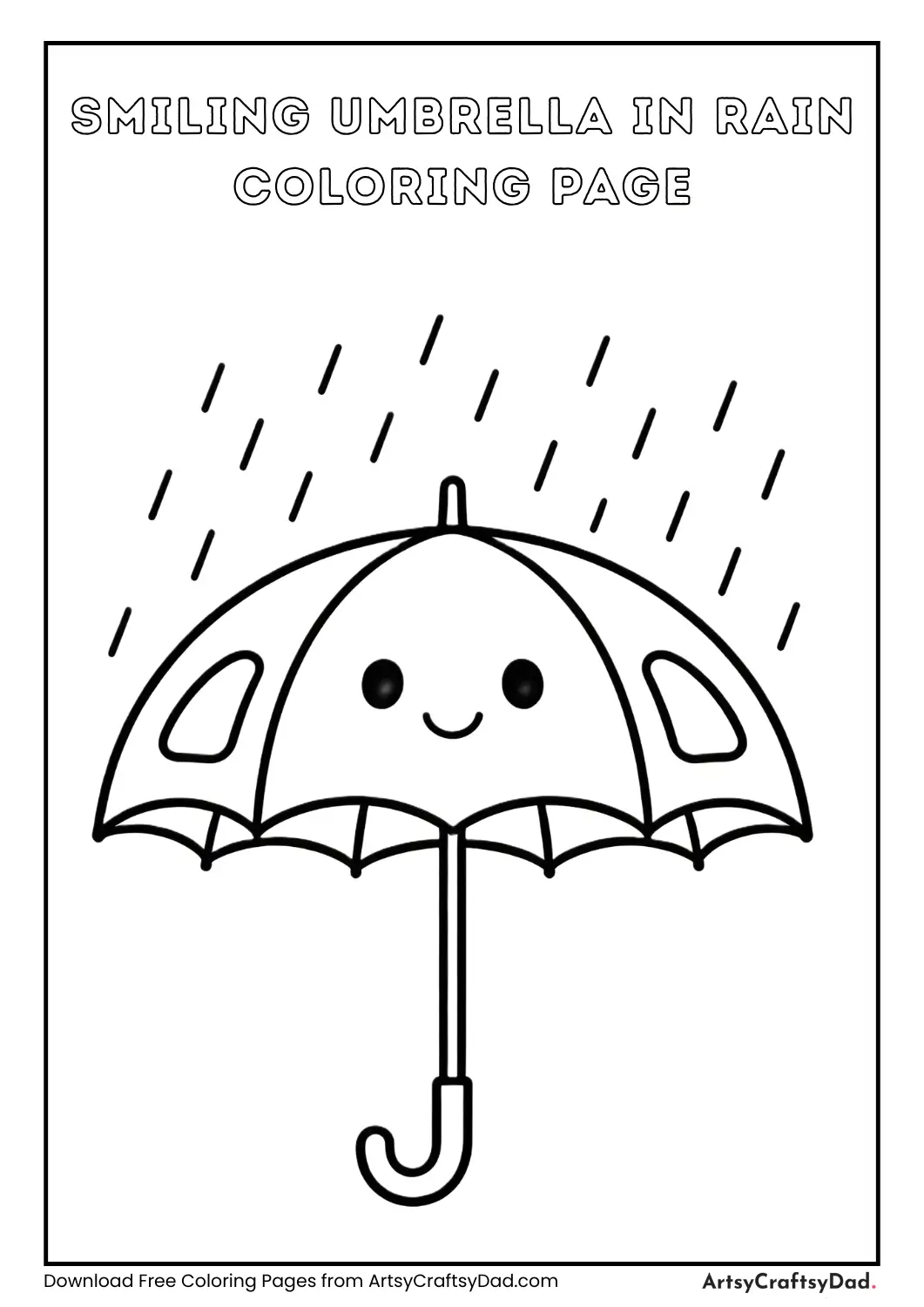 Smiling umbrella in rain black and white coloring page