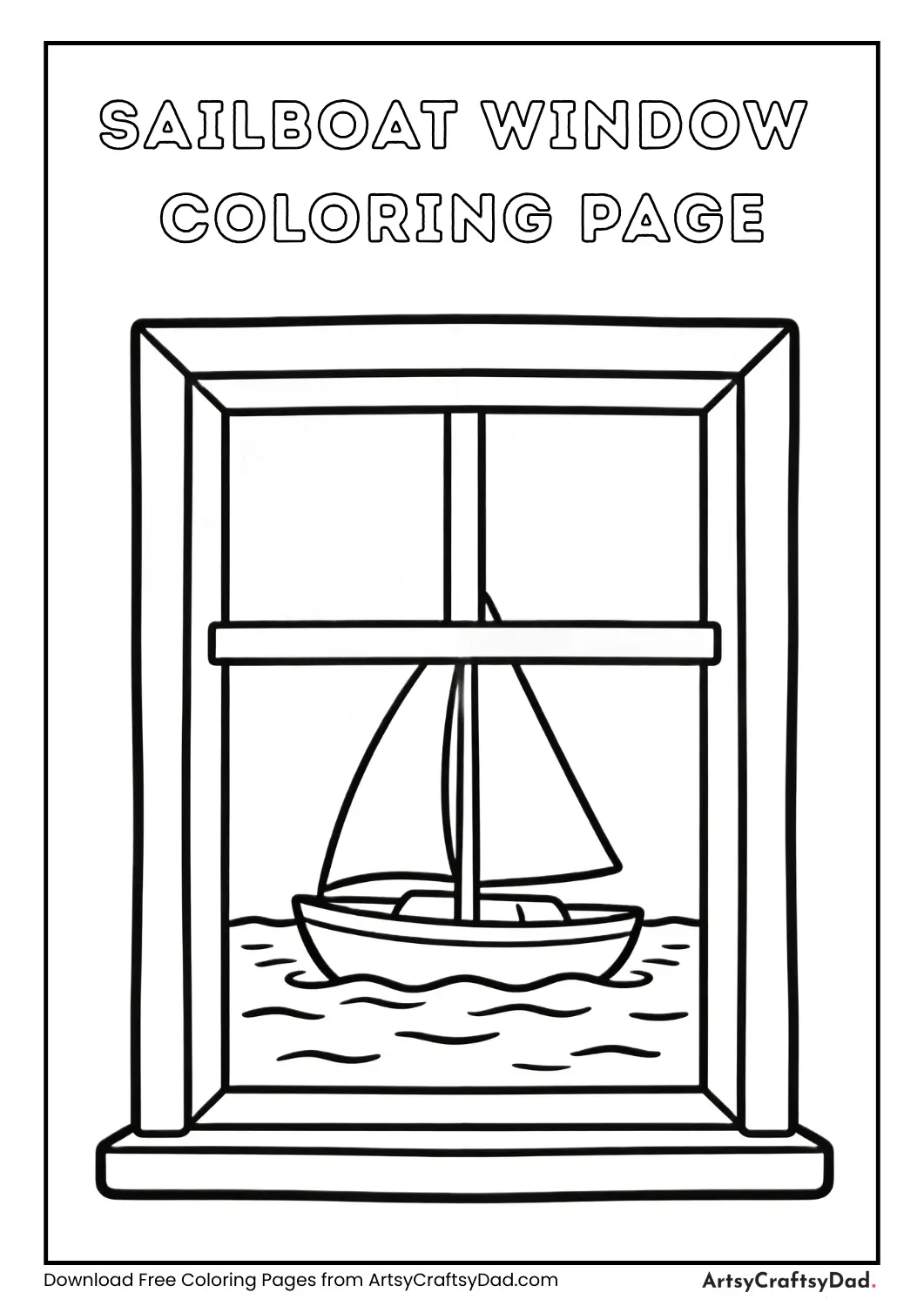 Window with sailboat on water coloring page