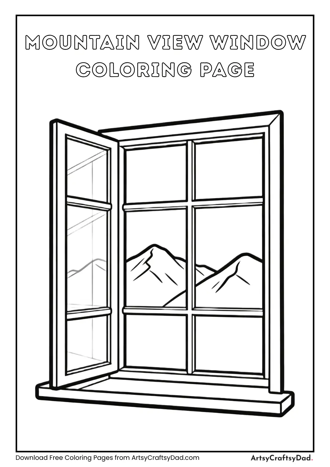 Window with mountains outside black and white coloring page