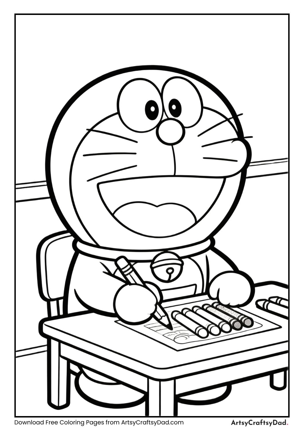 Doraemon drawing with crayons at a table