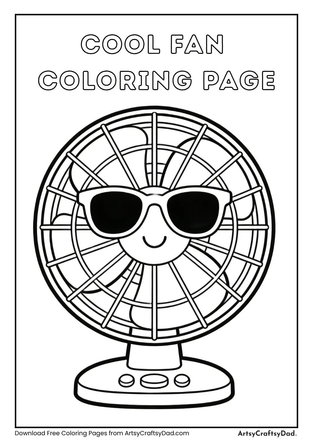 Cartoon fan wearing sunglasses black and white coloring page