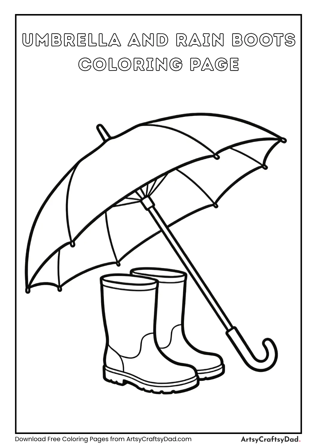 Umbrella and rain boots black and white coloring page