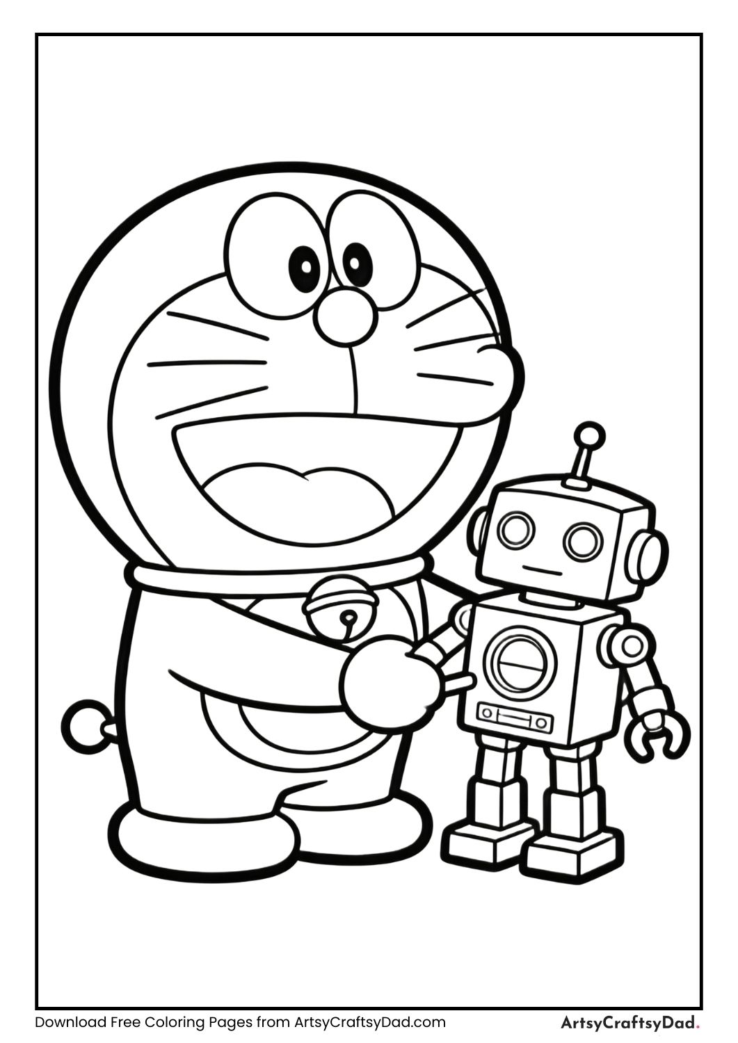 Doraemon holding a small robot toy curiously