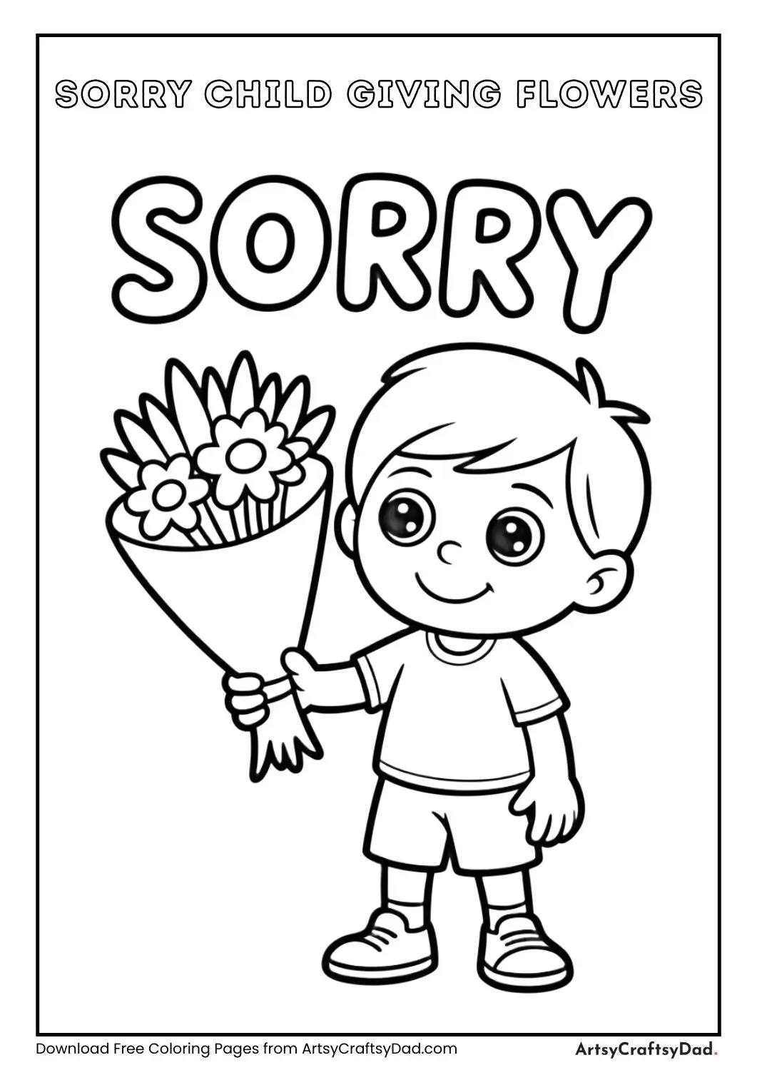 Child giving flowers with “Sorry” above.