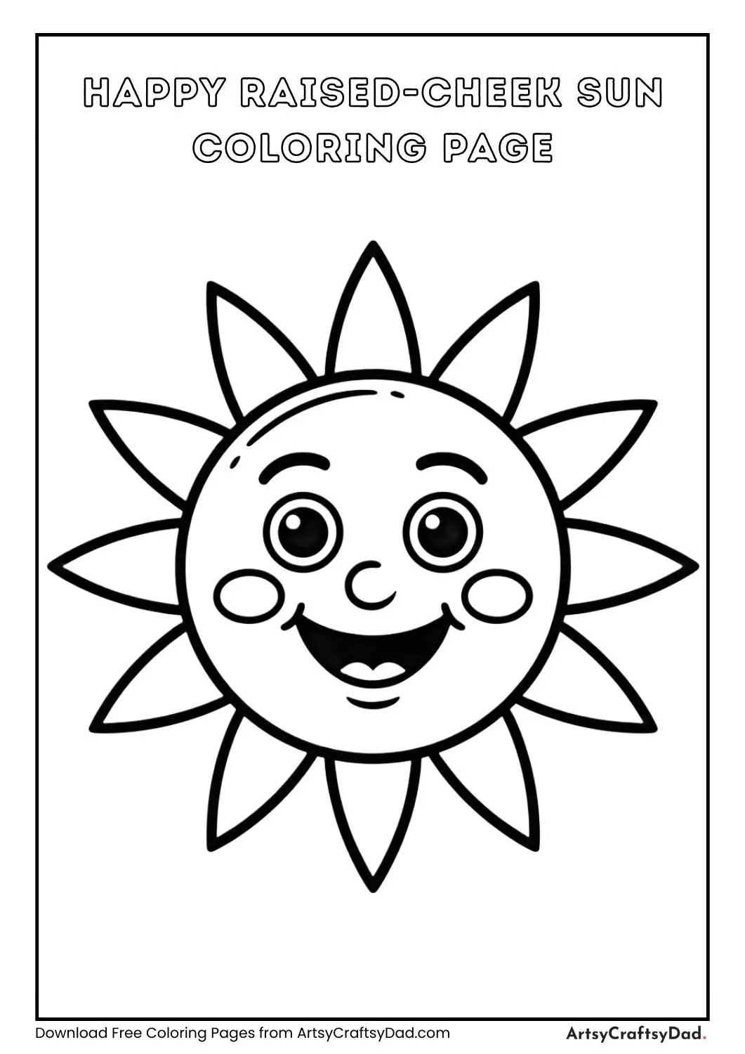 Happy sun with raised cheeks black and white coloring page