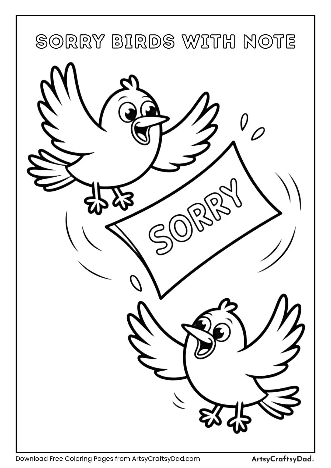 Cartoon birds dropping a “Sorry” note from the sky.