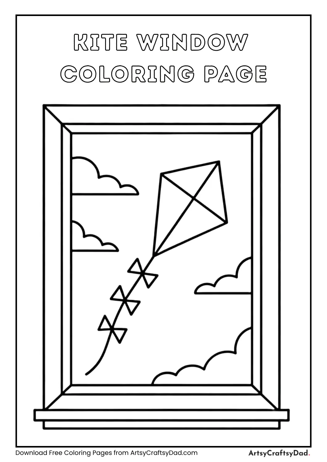 Window with kite flying outside coloring page