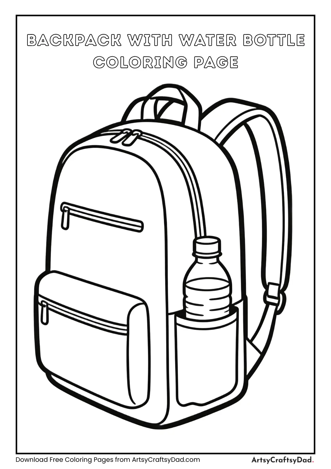 Backpack with water bottle coloring page for kids