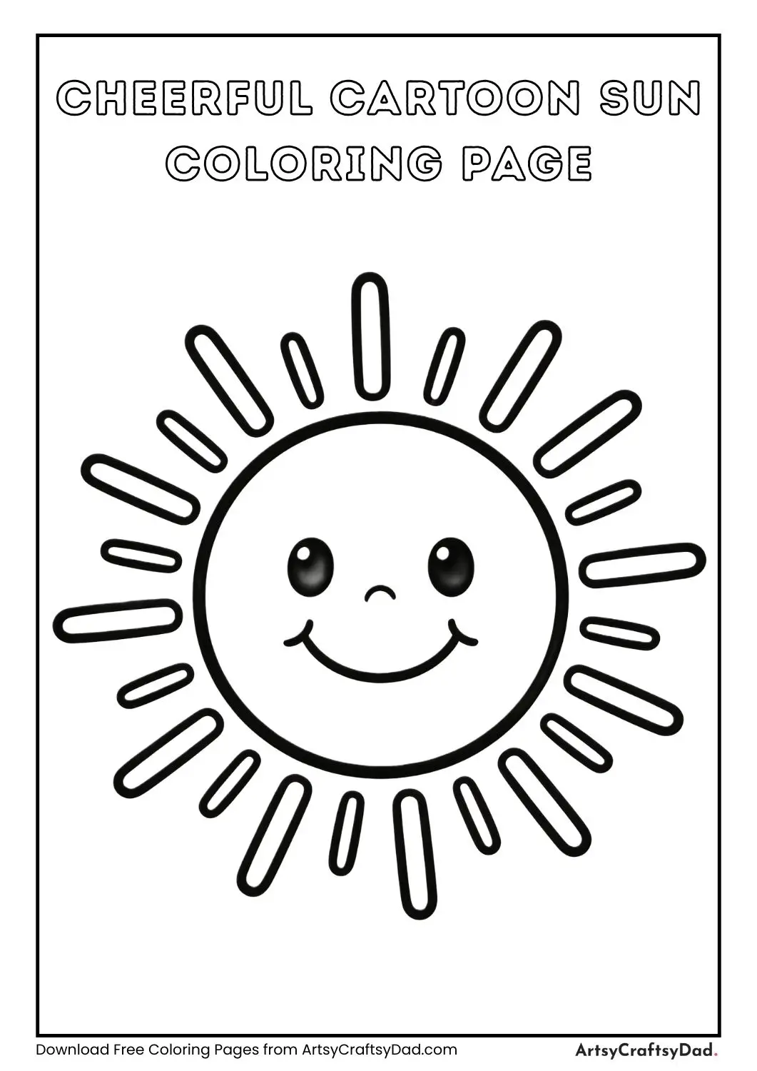 Cheerful cartoon sun face black and white coloring page for children