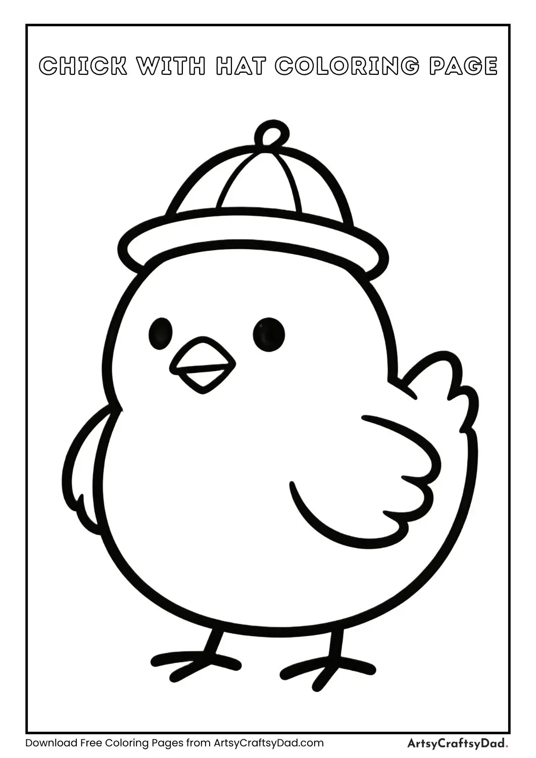 Cute chick wearing a hat, easy black and white coloring page