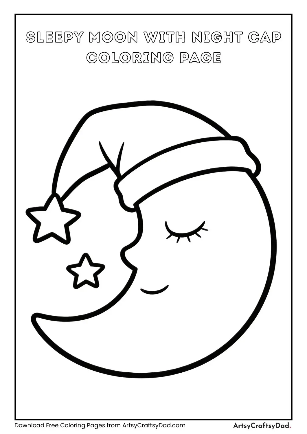 Sleepy moon wearing a night cap with stars coloring page