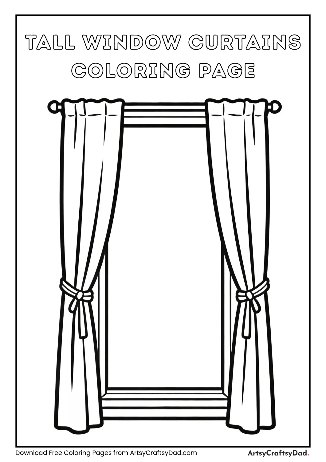 Tall window with curtains black and white coloring page for kids