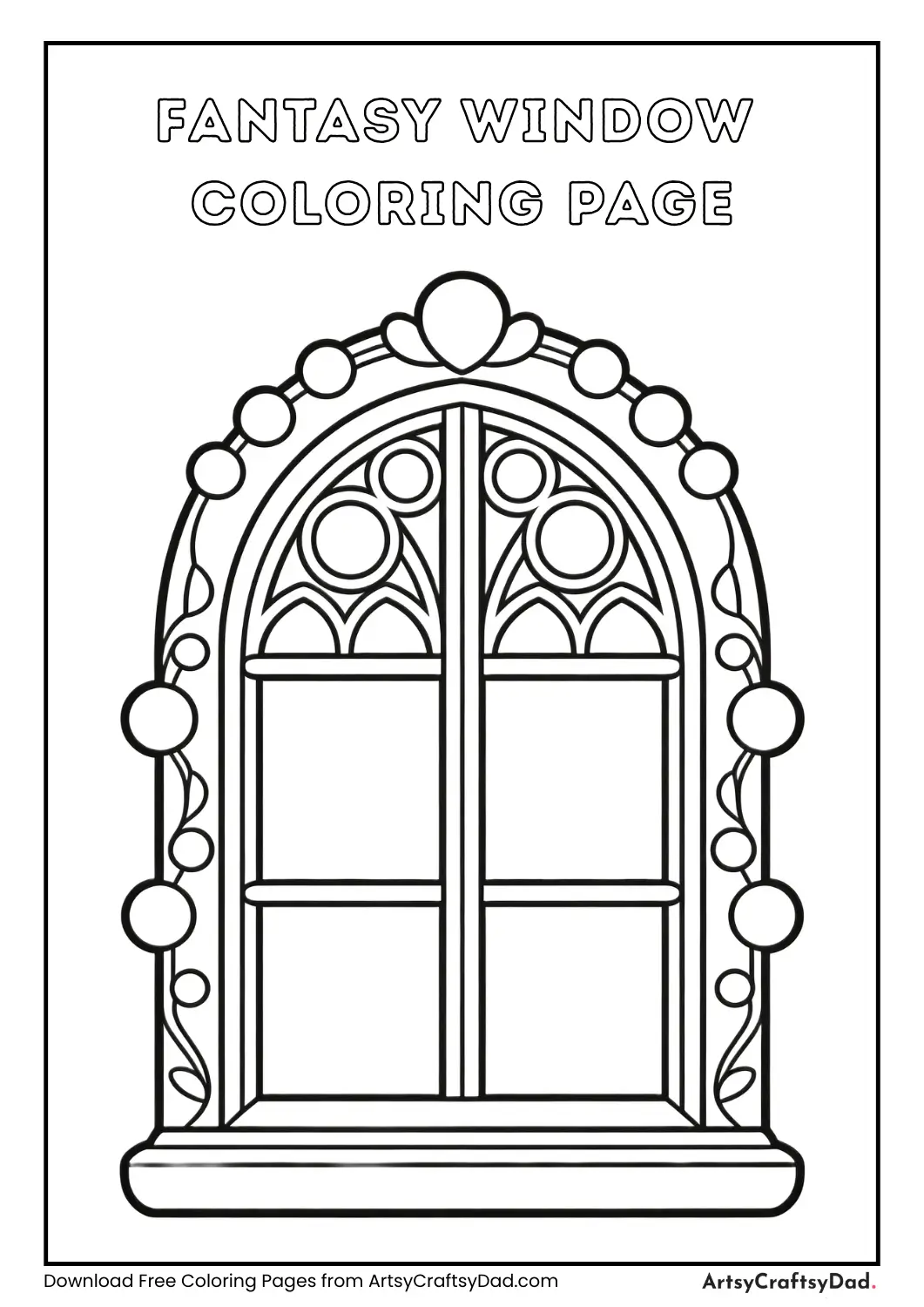 Fantasy style decorative window coloring page for kids
