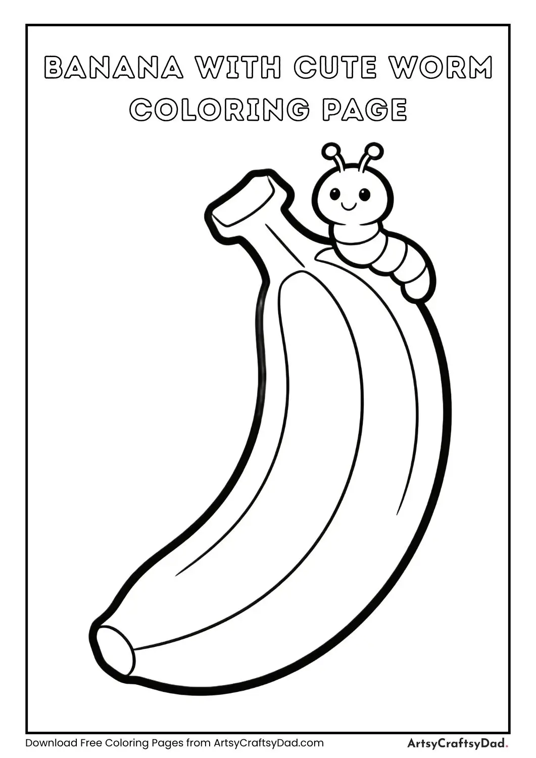 Banana with cute worm black and white coloring page