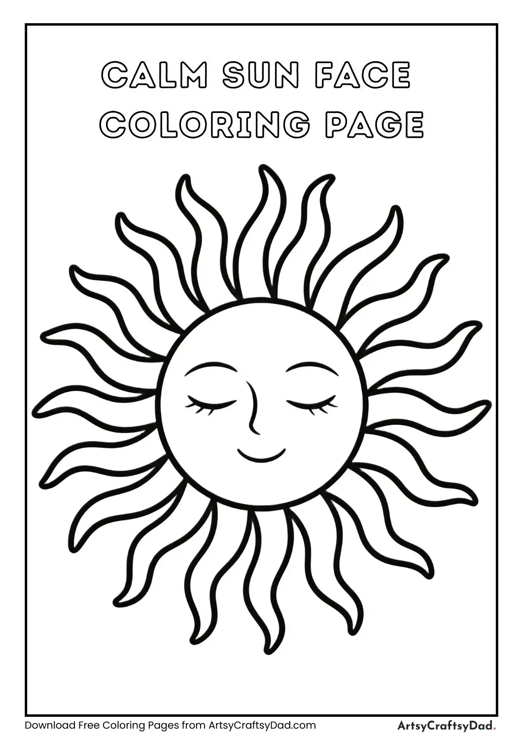 Calm sun with closed eyes black and white coloring page for kids