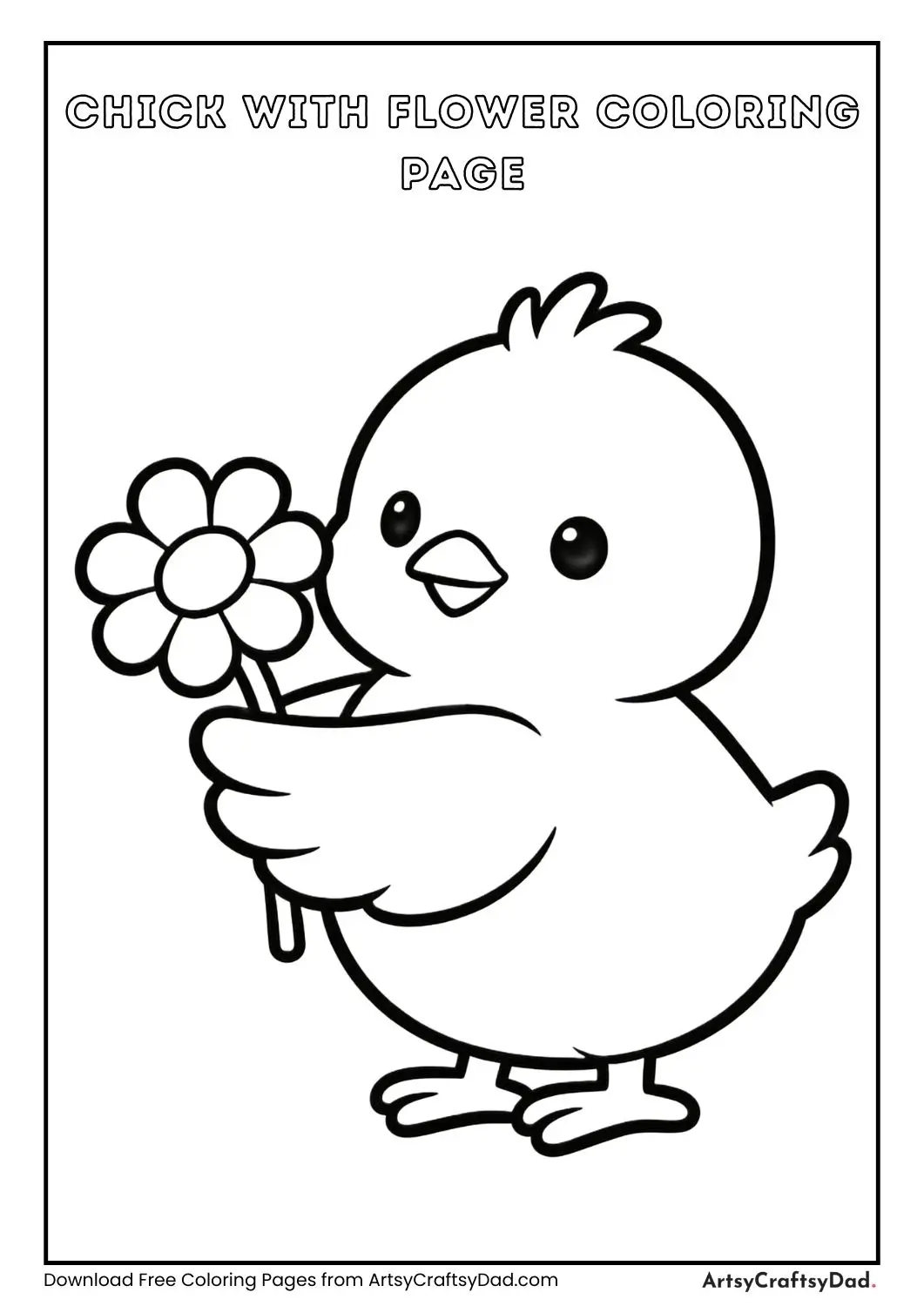 Baby chick holding a flower, simple line art coloring page