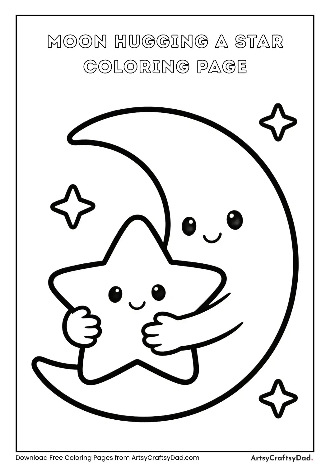 Cute moon hugging a star black and white coloring page