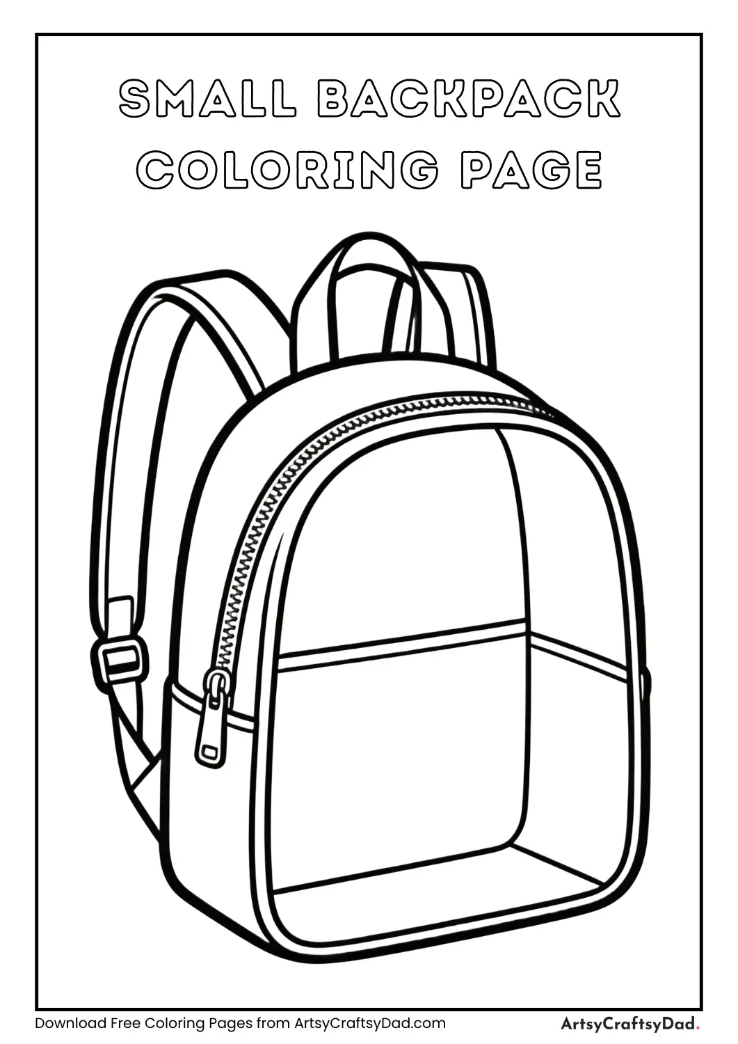Small backpack black and white coloring page for kids