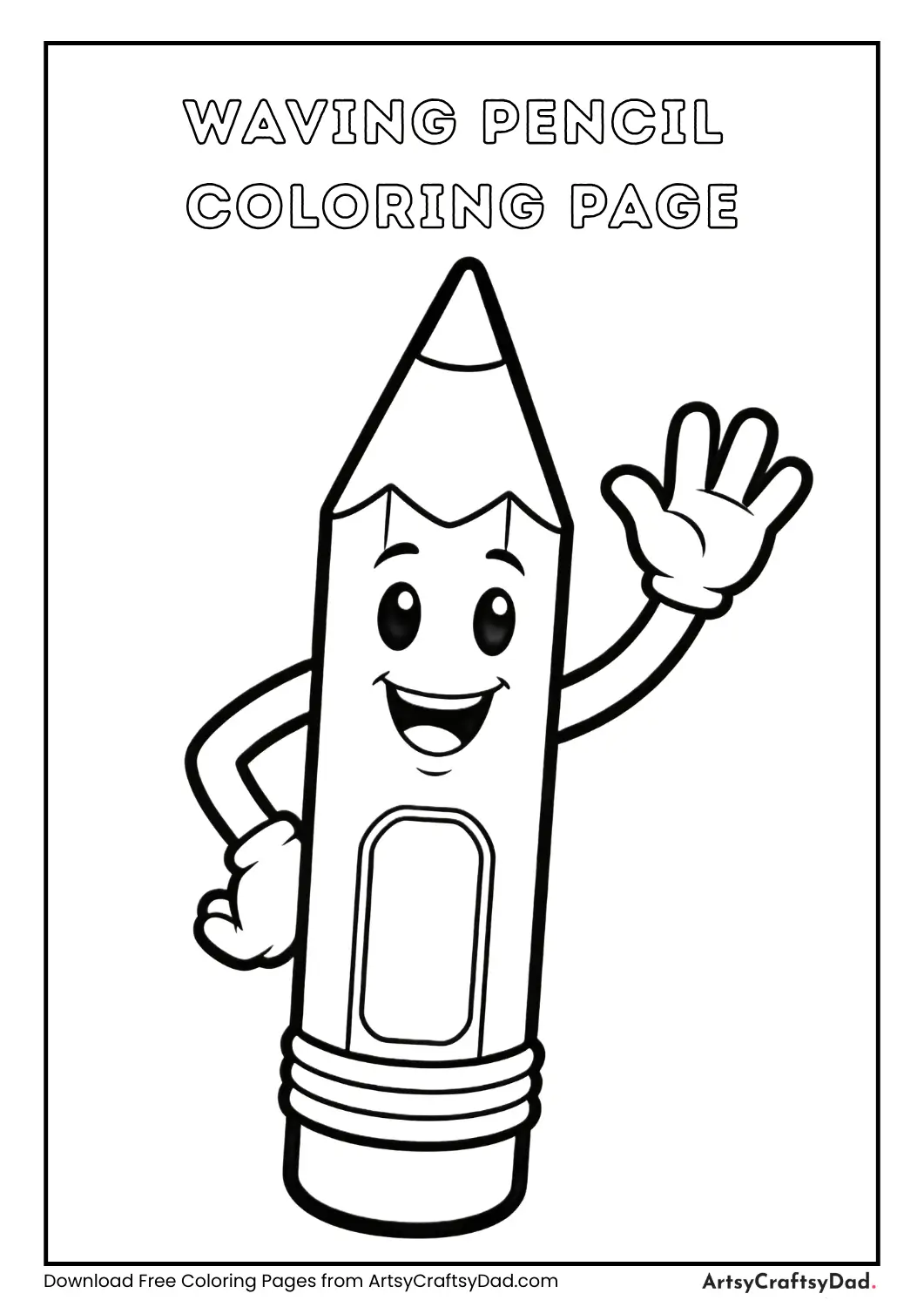 Cartoon pencil waving hand coloring page