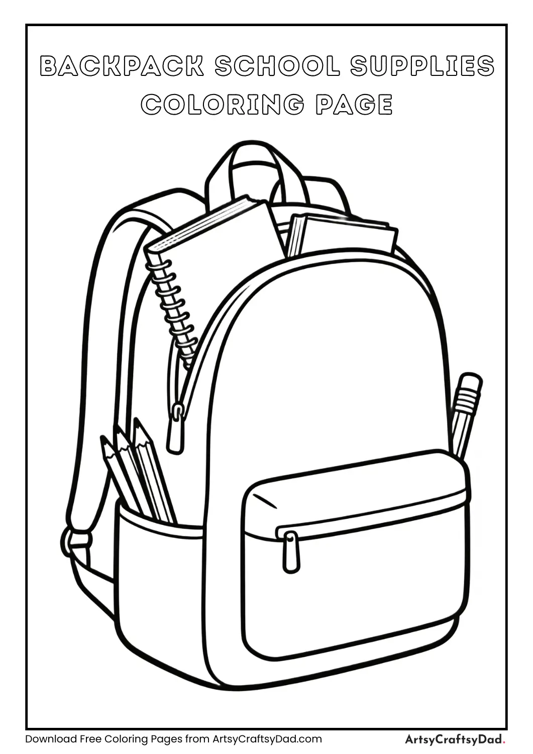 Backpack with books and pencils coloring page for kids
