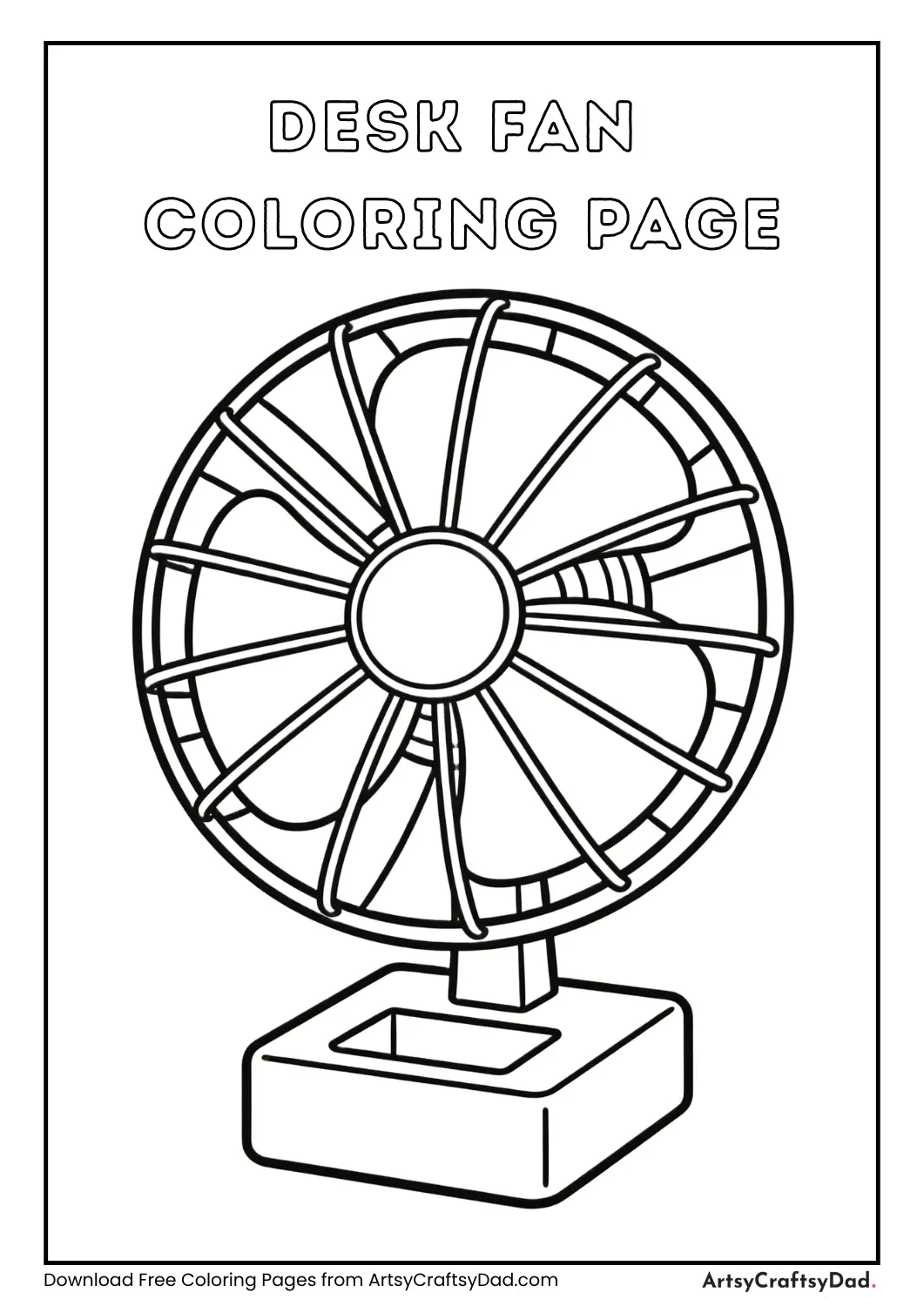 Simple desk fan black and white coloring page for kids