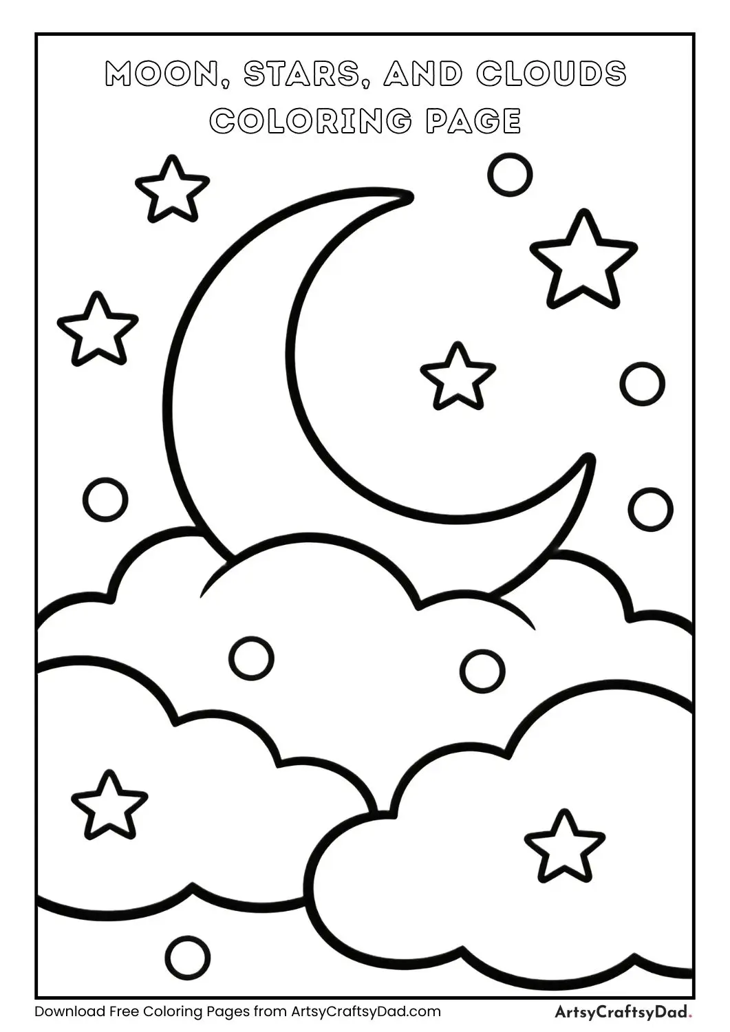 Moon and stars above clouds black and white coloring page