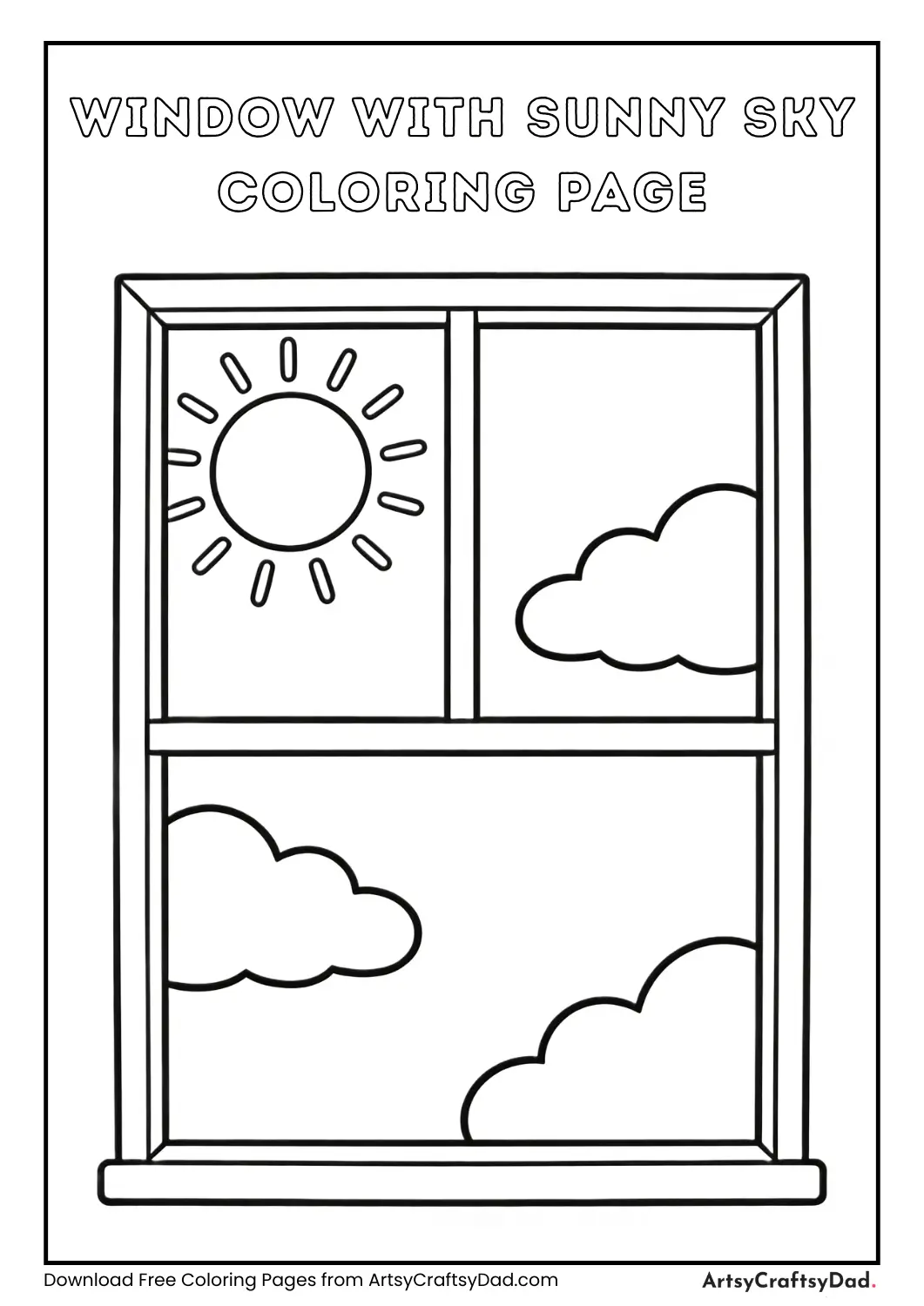 Window with sun and clouds black and white coloring page