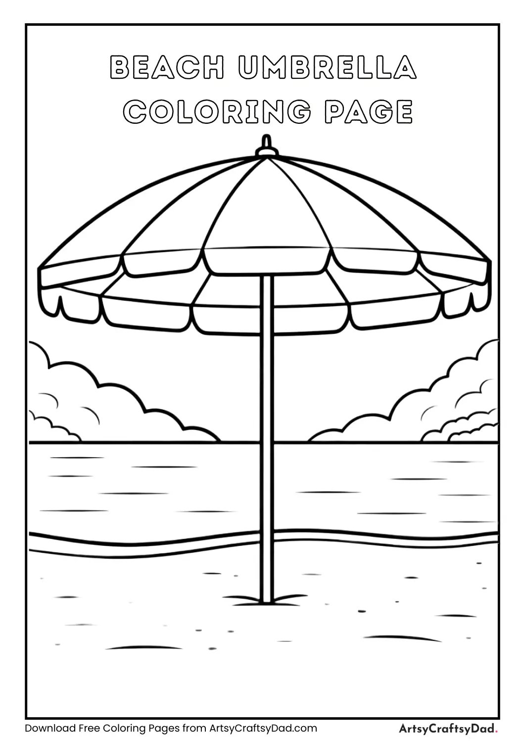 Beach umbrella black and white coloring page for children