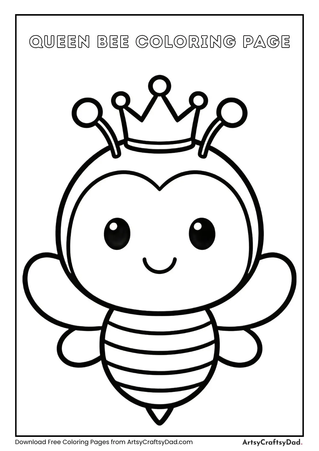 Cute bee with crown black and white coloring page