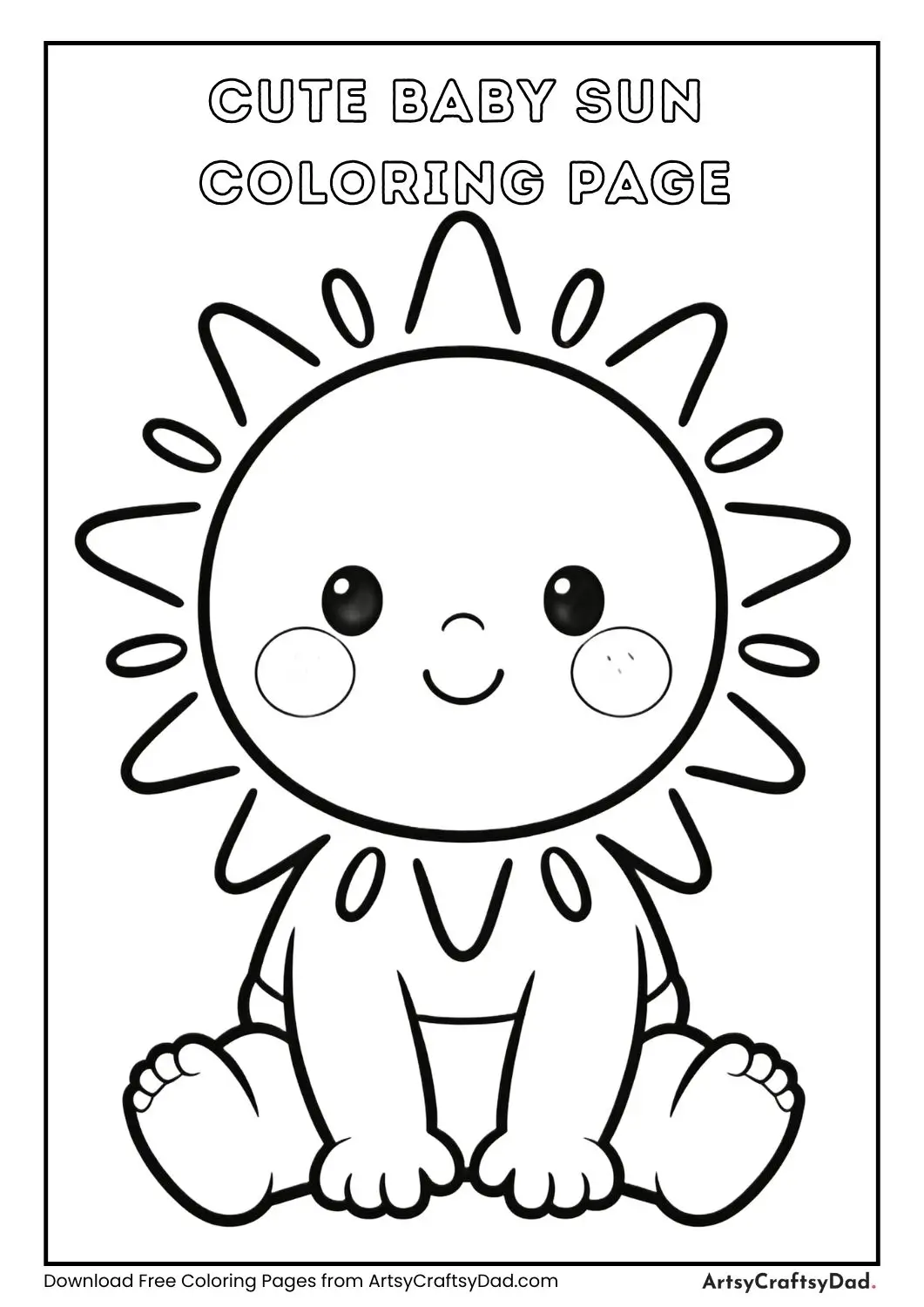 Cute baby sun with face black and white coloring page