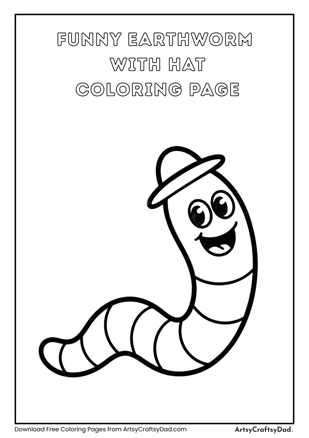 Cartoon earthworm wearing hat black and white coloring page