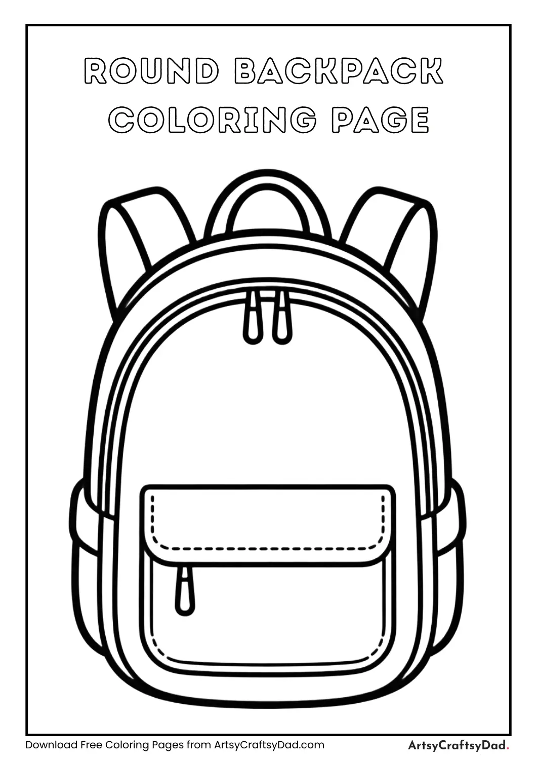 Round backpack black and white coloring page for kids