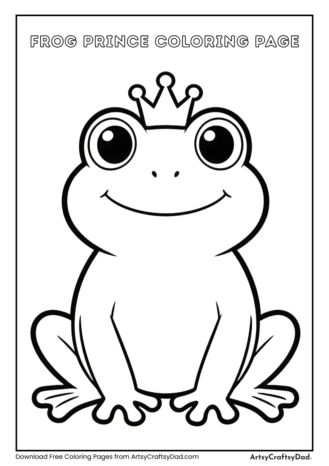 Frog wearing a crown black and white coloring page